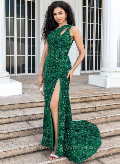 Emerald A Line One Shoulder Sequence Side Slit Long Prom Dresses
