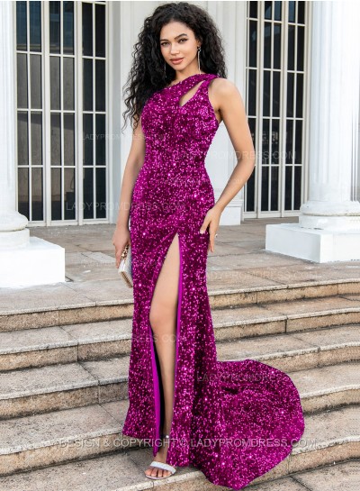 Fuchsia A Line One Shoulder Sequence Side Slit Long Prom Dresses