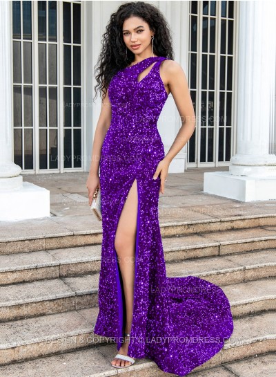 Purple A Line One Shoulder Sequence Side Slit Long Prom Dresses