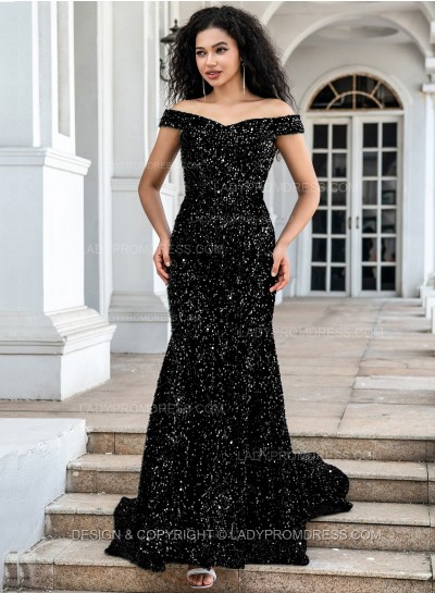 Black Sequence Long Off The Shoulder Long Prom Dresses