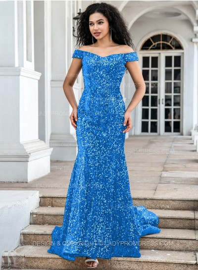 Blue Sequence Long Off The Shoulder Long Prom Dresses