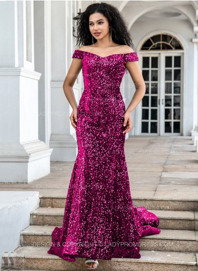 Fuchsia Sequence Long Off The Shoulder Long Prom Dresses