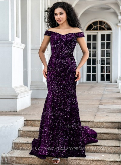 Grape Sequence Long Off The Shoulder Long Prom Dresses