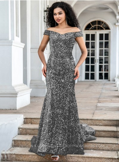 Grey Sequence Long Off The Shoulder Long Prom Dresses