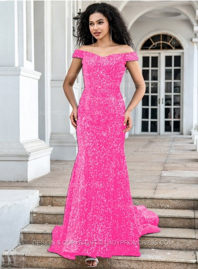 Pink Sequence Long Off The Shoulder Long Prom Dresses