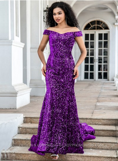 Purple Sequence Long Off The Shoulder Long Prom Dresses