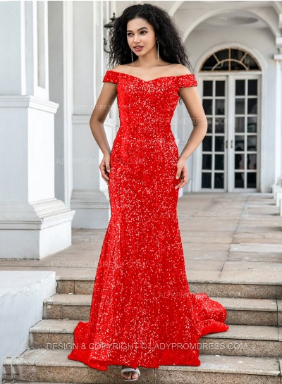 Red Sequence Long Off The Shoulder Long Prom Dresses