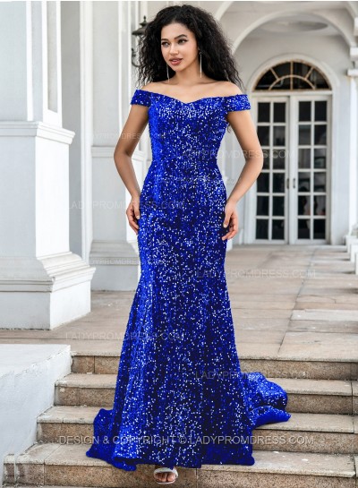 Royal Blue Sequence Long Off The Shoulder Long Prom Dresses