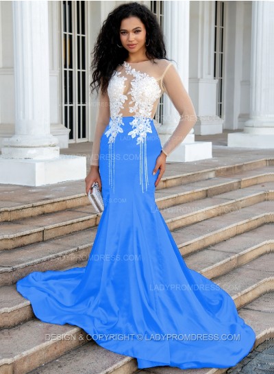 Blue Sheath/Column Silk Like Satin Long Sleeves Prom Dresses With Appliques