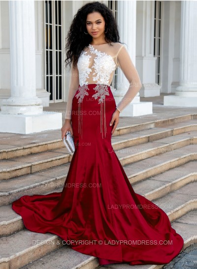 Burgundy Sheath/Column Silk Like Satin Long Sleeves Prom Dresses With Appliques