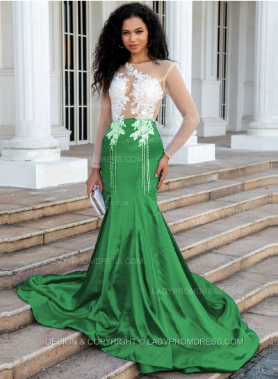 Emerald Sheath/Column Silk Like Satin Long Sleeves Prom Dresses With Appliques