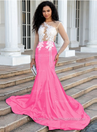 Pink Sheath/Column Silk Like Satin Long Sleeves Prom Dresses With Appliques