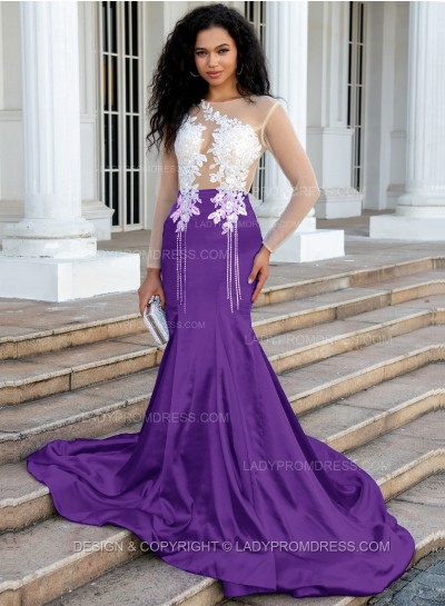 Purple Sheath/Column Silk Like Satin Long Sleeves Prom Dresses With Appliques
