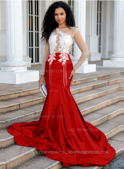 Red Sheath/Column Silk Like Satin Long Sleeves Prom Dresses With Appliques