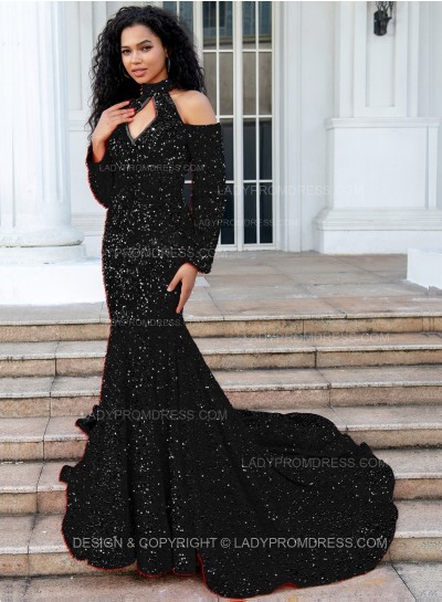 Black Mermaid Long Sleeves Hollow Out Key Hole Long Sequence Prom Dresses