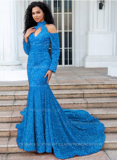 Blue Mermaid Long Sleeves Hollow Out Key Hole Long Sequence Prom Dresses