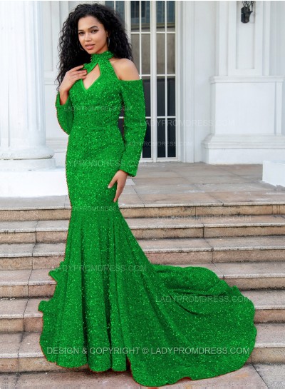 Emerald Mermaid Long Sleeves Hollow Out Key Hole Long Sequence Prom Dresses