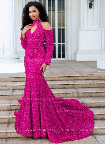 Fuchsia Mermaid Long Sleeves Hollow Out Key Hole Long Sequence Prom Dresses