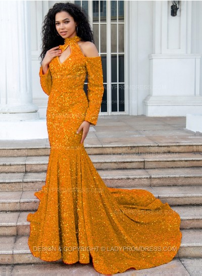 Gold Mermaid Long Sleeves Hollow Out Key Hole Long Sequence Prom Dresses
