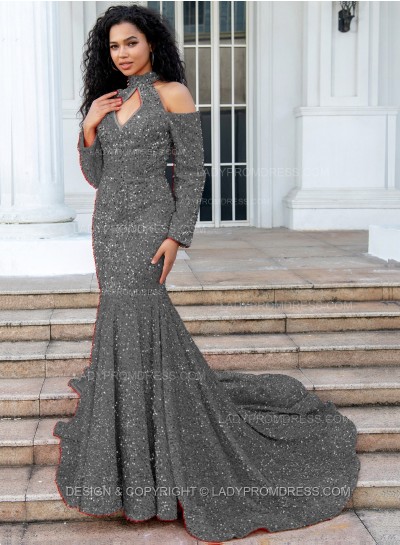 Grey Mermaid Long Sleeves Hollow Out Key Hole Long Sequence Prom Dresses