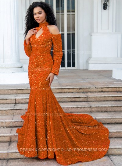 Orange Mermaid Long Sleeves Hollow Out Key Hole Long Sequence Prom Dresses