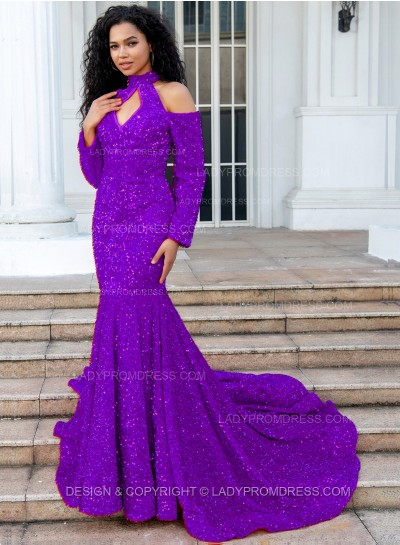 Purple Mermaid Long Sleeves Hollow Out Key Hole Long Sequence Prom Dresses