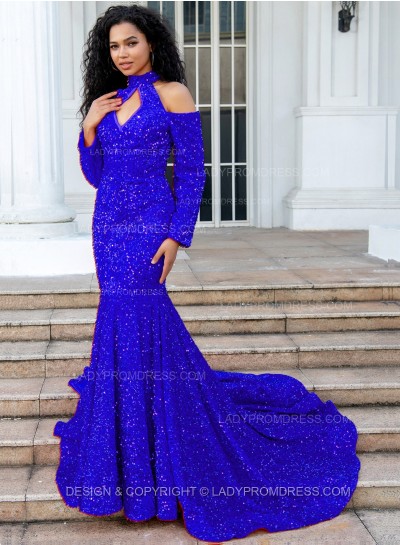 Royal Blue Mermaid Long Sleeves Hollow Out Key Hole Long Sequence Prom Dresses