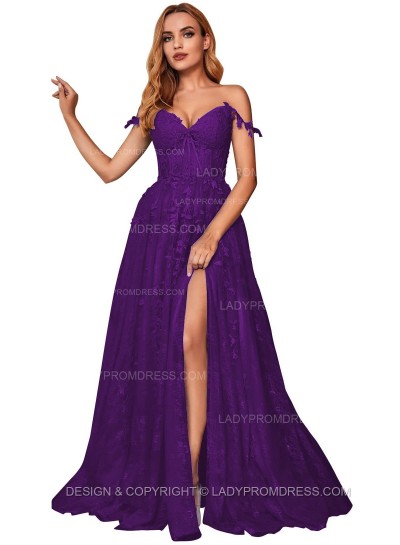 Grape A Line Off Shoulder Side Slit Tulle With Appliques Lace Prom Dresses