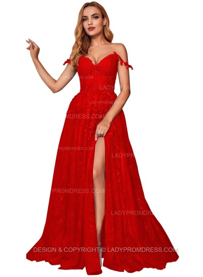 Red A Line Off Shoulder Side Slit Tulle With Appliques Lace Prom Dresses