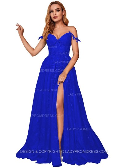 Royal Blue A Line Off Shoulder Side Slit Tulle With Appliques Lace Prom Dresses