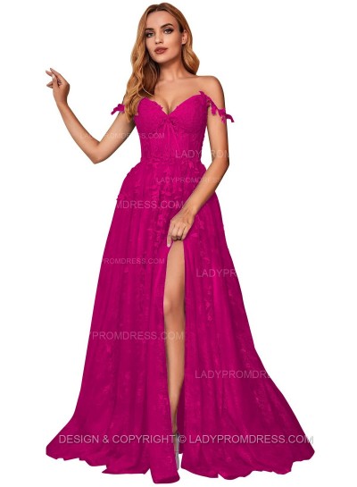 Fuchsia A Line Off Shoulder Side Slit Tulle With Appliques Lace Prom Dresses