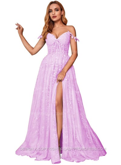 Lilac A Line Off Shoulder Side Slit Tulle With Appliques Lace Prom Dresses