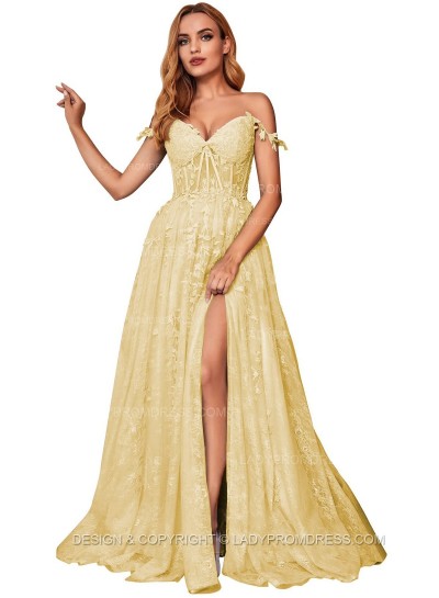 Gold A Line Off Shoulder Side Slit Tulle With Appliques Lace Prom Dresses