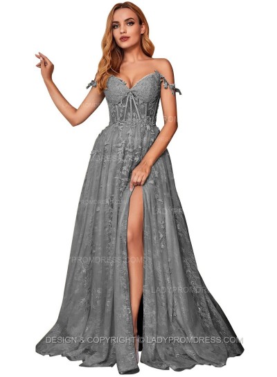 Grey A Line Off Shoulder Side Slit Tulle With Appliques Lace Prom Dresses