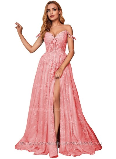 Coral A Line Off Shoulder Side Slit Tulle With Appliques Lace Prom Dresses