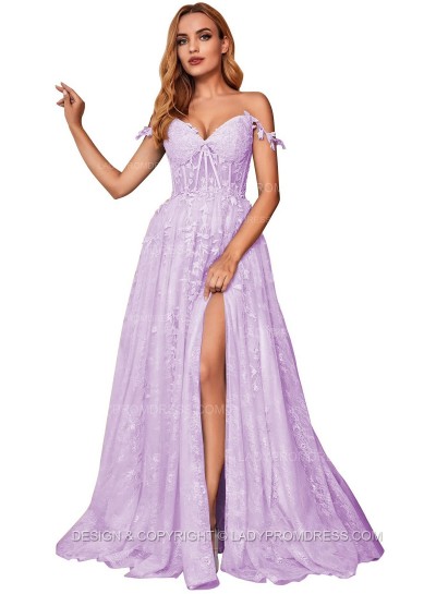 Lavender A Line Off Shoulder Side Slit Tulle With Appliques Lace Prom Dresses