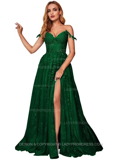 Emerald A Line Off Shoulder Side Slit Tulle With Appliques Lace Prom Dresses