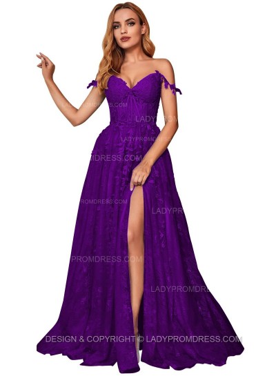 Purple A Line Off Shoulder Side Slit Tulle With Appliques Lace Prom Dresses