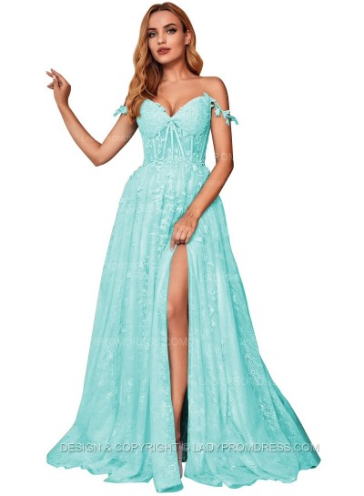 Turquoise A Line Off Shoulder Side Slit Tulle With Appliques Lace Prom Dresses