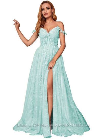 Mint Green A Line Off Shoulder Side Slit Tulle With Appliques Lace Prom Dresses