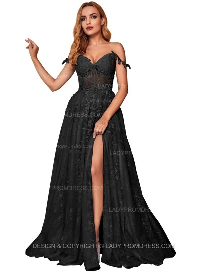 Black A Line Off Shoulder Side Slit Tulle With Appliques Lace Prom Dresses
