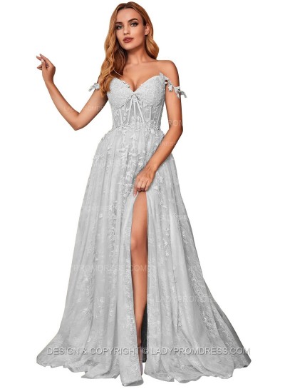 Silver A Line Off Shoulder Side Slit Tulle With Appliques Lace Prom Dresses