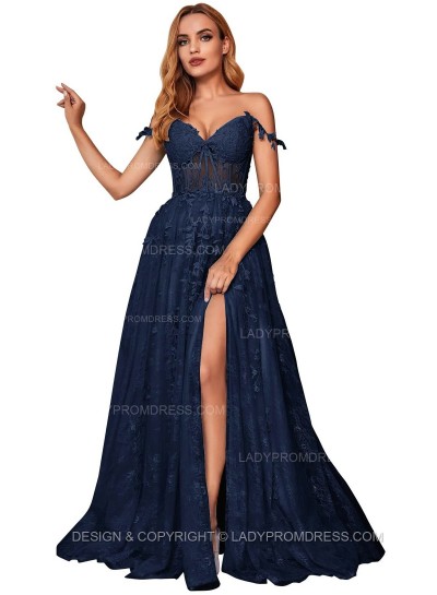 Navy Blue A Line Off Shoulder Side Slit Tulle With Appliques Lace Prom Dresses