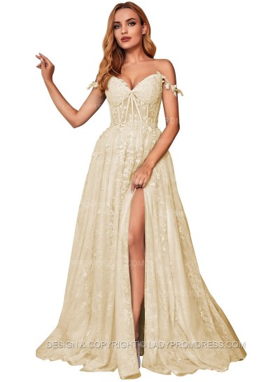 Champagne A Line Off Shoulder Side Slit Tulle With Appliques Lace Prom Dresses