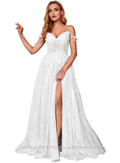 White A Line Off Shoulder Side Slit Tulle With Appliques Lace Prom Dresses