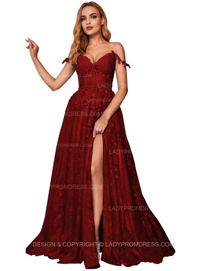 Burgundy A Line Off Shoulder Side Slit Tulle With Appliques Lace Prom Dresses