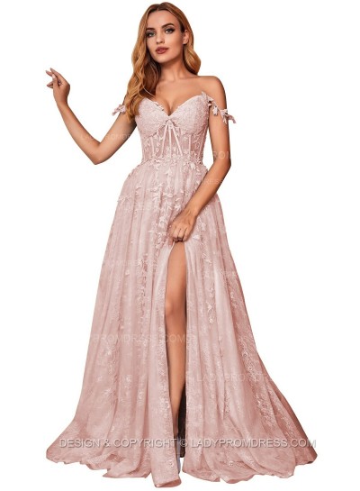 Pearl Pink A Line Off Shoulder Side Slit Tulle With Appliques Lace Prom Dresses