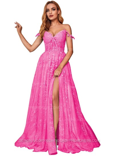 Hot Pink A Line Off Shoulder Side Slit Tulle With Appliques Lace Prom Dresses