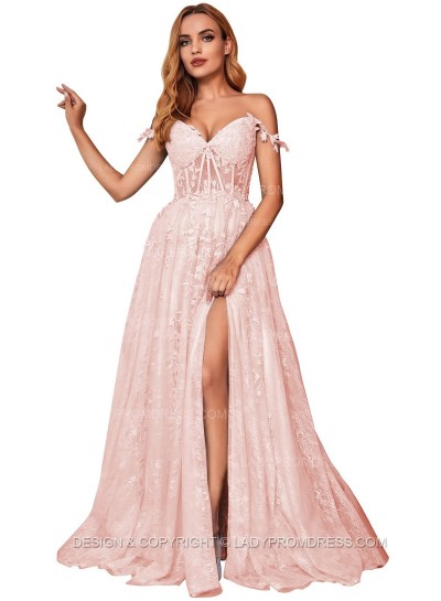 Blushing Pink A Line Off Shoulder Side Slit Tulle With Appliques Lace Prom Dresses