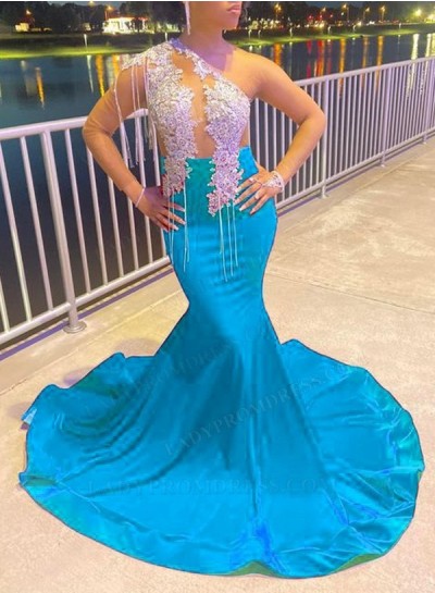 Blue Elastic Satin One Shoulder Long Sleeve Mermaid Prom Dresses